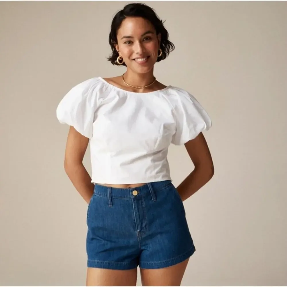 J.Crew Top WMNS 8 White Crop Fitted Puff Sleeve Smocked Cotton Romantic Summer